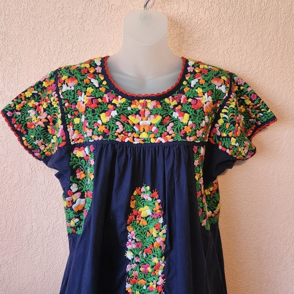 Sister Mary Navy Colorful Floral Short Sleeve Midi Embroidered Mexican Dress - Picture 2 of 11